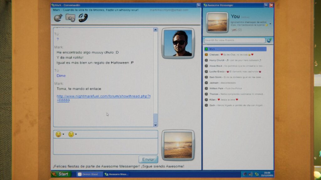 Captura de Among Ashes. Se ve la ventana del Messenger con una conversación donde el amigo del protagonista saluda y le pasa el enlace para descargar el videojuego Night Call